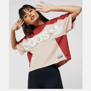 Adidas Oversized Boxy Crop Top Red Tan Small